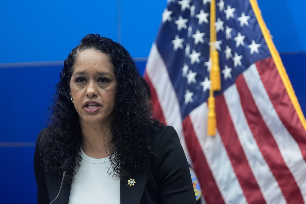 San Francisco District Attorney Brooke Jenkins speaks during a news conference Monday, April 13, 2026, in San Francisco. (AP Photo/Jeff Chiu)