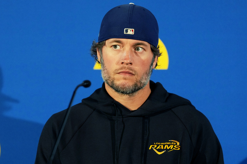 Los Angeles Rams quarterback Matthew Stafford speaks during a news conference after an NFL football game against the San Francisco 49ers, Friday, Sept. 11, 2026, in Melbourne, Australia. (AP Photo/Asanka Brendon Ratnayake)