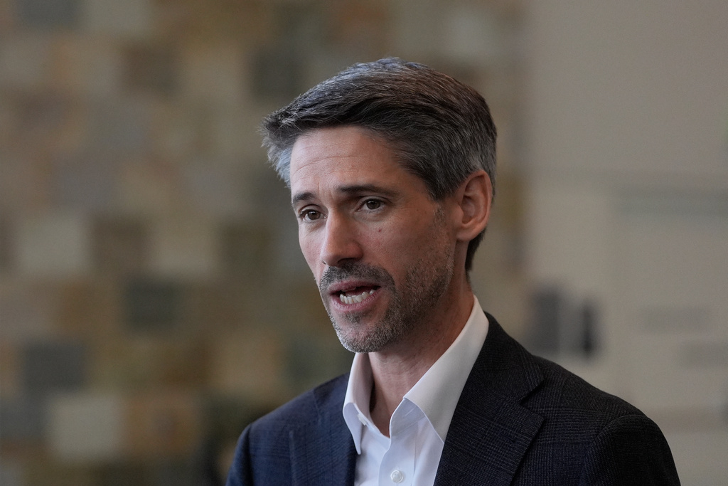 California gubernatorial candidate Matt Mahan speaks while being interviewed at the 2026 California Democratic Party State Convention in San Francisco, Saturday, Feb. 21, 2026. (AP Photo/Jeff Chiu)