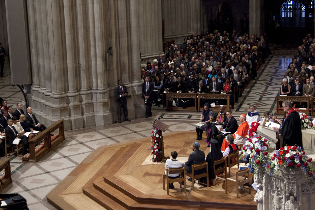 FILE - The Rev. Adam Hamilton, Senior Pastor, United Methodist Church of the Resurrection in Leawood, Kan., delivers the sermon during the Presidential Inaugural Prayer Service at the Washington National Cathedral attended by President Barack Obama, first lady Michelle Obama, Vice President Joe Biden and his wife Jill Biden, Tuesday, Jan. 22, 2013, in Washington. (AP Photo/Carolyn Kaster, File)