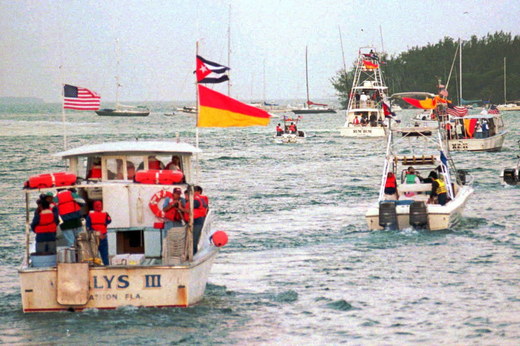 FILE - Some of the boats from the flotilla head for open waters March 2, 1996 off Key West, Fla., carrying Cuban Americans to the site of the downing of two Brothers to the Rescue planes by Cuban fighters. (AP Photo/Rick Bowmer, File)