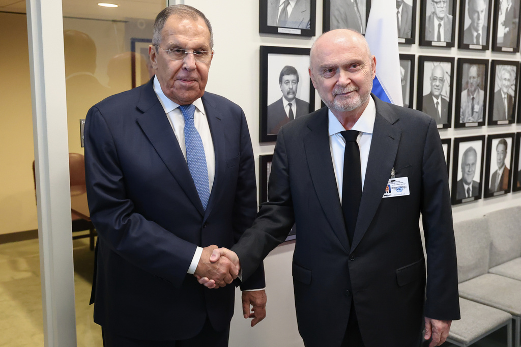 In this photo provided by Russian Foreign Ministry Press Service, Russian Foreign Minister Sergey Lavrov, left, and Secretary General of the Organization for Security and Co-operation in Europe Feridun Sinirlioglu shake hands on the sidelines of the U.N. General Assembly at the United Nations headquarters on Wednesday, Sept. 23, 2026. (Russian Foreign Ministry Press Service via AP)