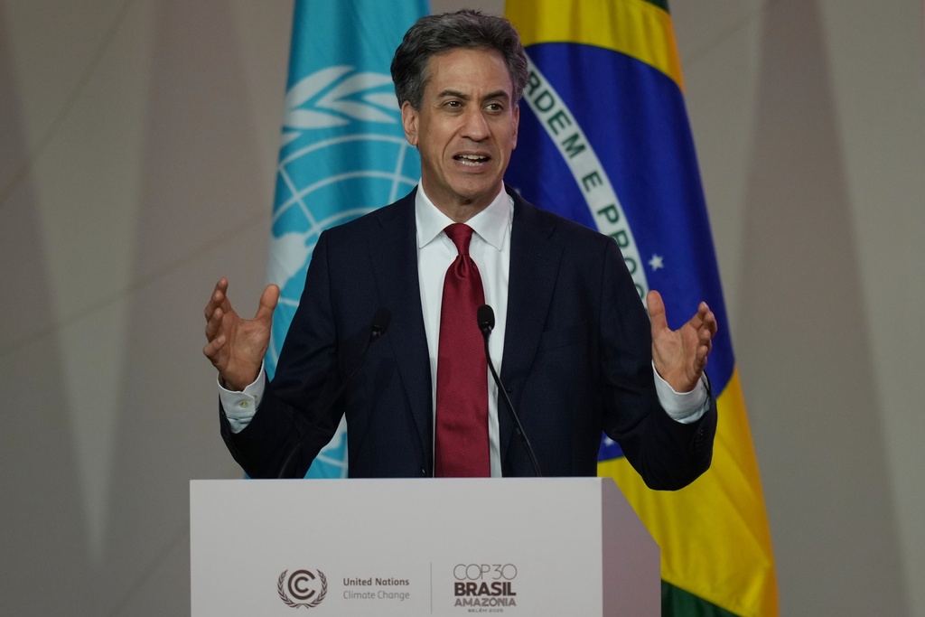 Ed Miliband, secretary of state for energy and climate Change of the United Kingdom, speaks during a plenary session at the COP30 U.N. Climate Summit, Tuesday, Nov. 18, 2025, in Belem, Brazil. (AP Photo/Andre Penner)
