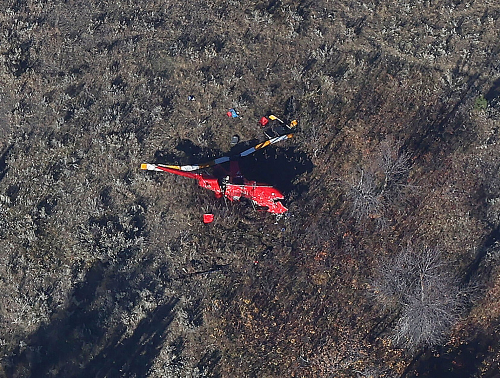 Wreckage from a helicopter carrying family members of an Illinois gubernatorial candidate that crashed on Oct. 22, 2025 is seen near Ekalaka, Mont. on Oct. 23, 2025. (Larry Mayer/The Billings Gazette via AP)