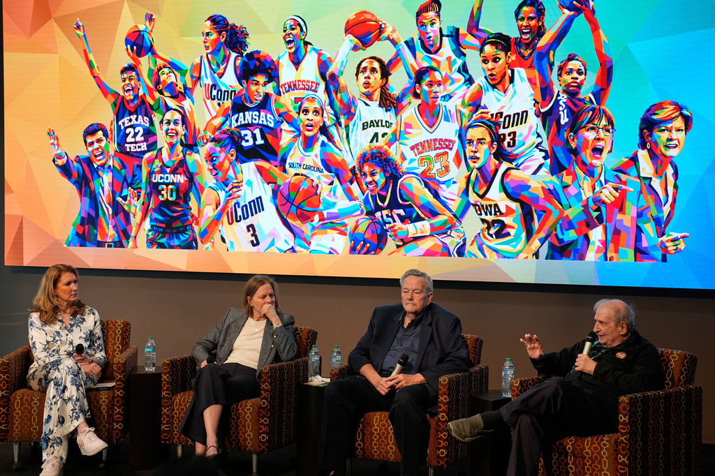 From left, Debbie Antonelli, Val Ackerman, Rich Ensor and Mel Greenberg sit on a panel during an event Friday, April 3, 2026, in Phoenix. (AP Photo/John Locher)