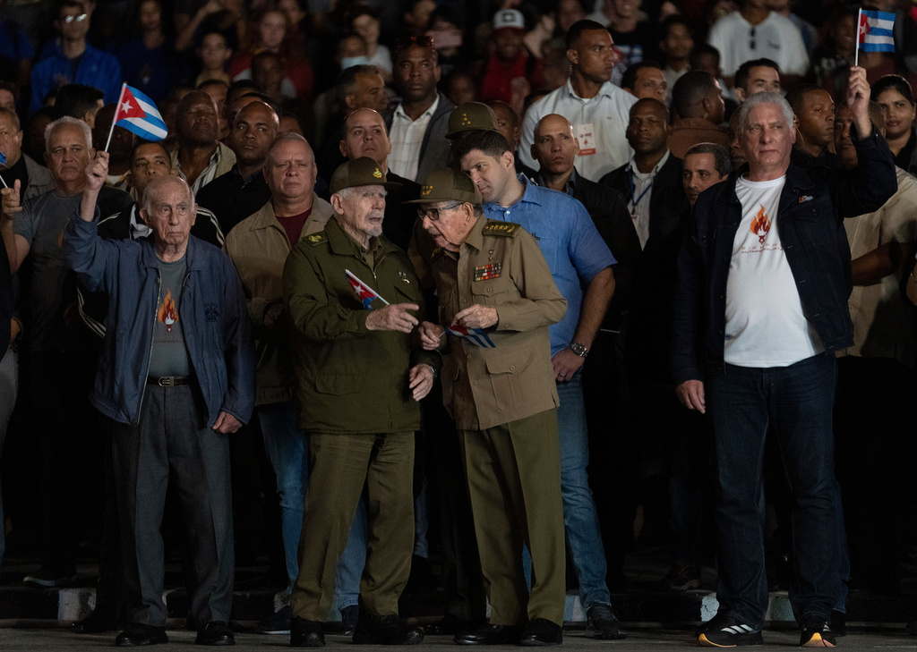FILE - Cuba's President Miguel Diaz-Canel, right, Raul Castro, center, Commander Ramiro Valdes, center left, and Jose Ramon Machado Ventura, left, attend an event marking the 172nd anniversary of the birth of national independence hero Jose Marti, in Havana, Jan. 27, 2025. (AP Photo/Ramon Espinosa, File)