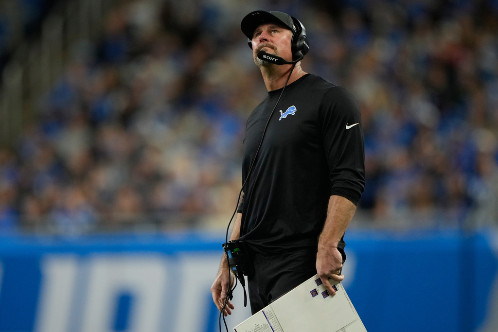 Detroit Lions head coach Dan Campbell looks on during the second half of an NFL football game against the Minnesota Vikings Sunday, Nov. 2, 2025, in Detroit. (AP Photo/Ryan Sun)