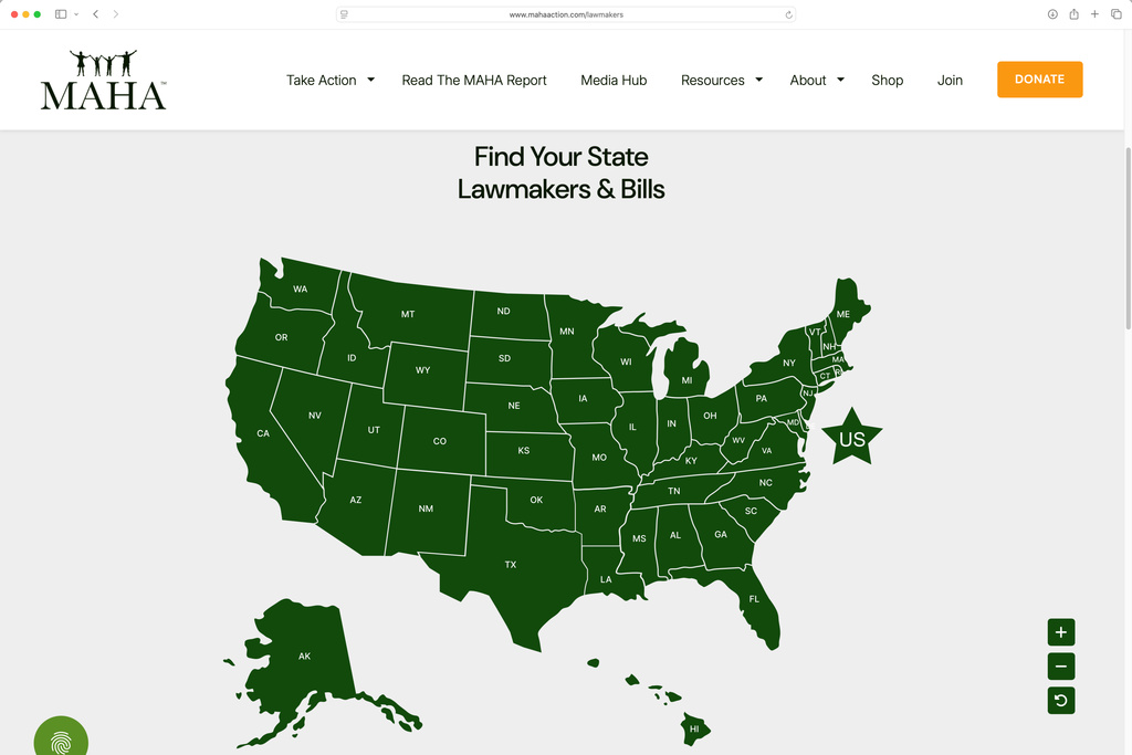This Tuesday, Oct. 14, 2025 image shows part of the MAHA Action website tracking their efforts on state and U.S. legislation. (AP Photo)