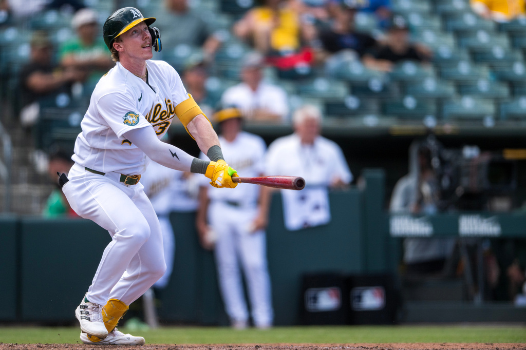 Athletics' Henry Bolte hits during the ninth inning of a baseball game against the Seattle Mariners in West Sacramento, Calif., Wednesday, May 27, 2026. (AP Photo/Nic Coury)