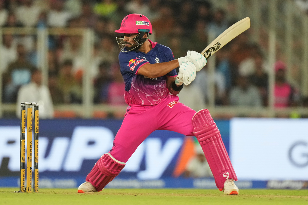 Rajasthan Royals' Dhruv Jurel plays a shot during the Indian Premier League cricket match between Gujarat Titans and Rajasthan Royals in Ahmedabad, India, Saturday, April 4, 2026. (AP Photo/Ajit Solanki)