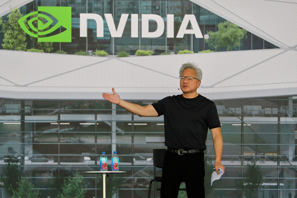 Nvidia CEO Jensen Huang delivers a speech during an all employee celebration at the construction site of their Taiwan headquarters "Constellation"¨ in Taipei, Taiwan, Wednesday, May 27, 2026. (AP Photo/Chiang Ying-ying)
