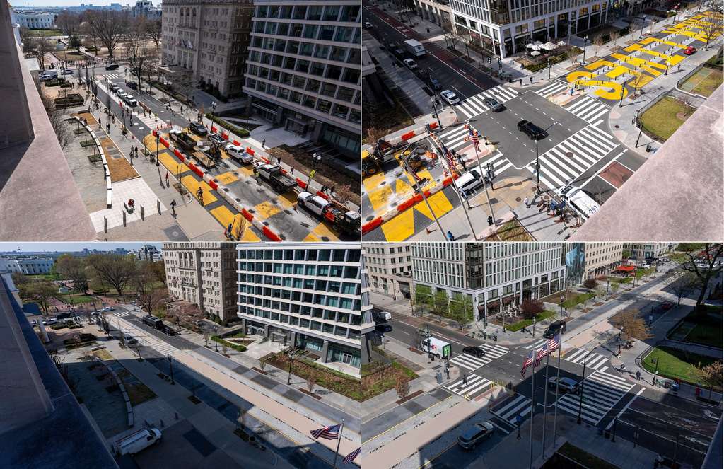 This combination of images shows Black Lives Matter plaza on 16th Street, NW, near the White House on March 10, 2025, top, as work was beginning to remove signage and markings, and on April 1, 2025, after the work was completed. (AP Photo)