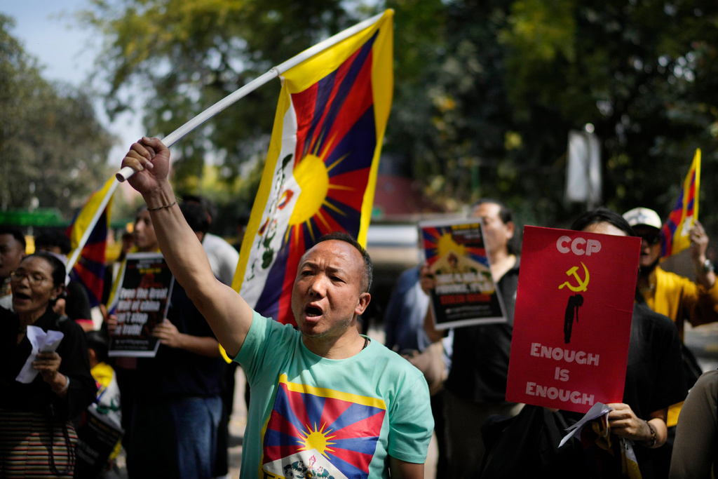Sonam Tashi takes part in a demonstration to commemorate the anniversary of the 1959 uprising in Tibet against the Chinese rule, in New Delhi, India, March 10, 2025. (AP Photo/Manish Swarup)