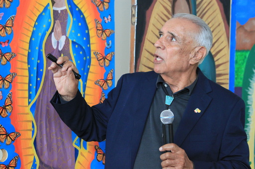 Joseph Sanchez, founder and former director of the Spanish Colonial Research Center at the University of New Mexico, gives a presentation about a centuries-old map being repatriated to Mexico during a ceremony in Albuquerque, New Mexico, on Tuesday, Sept. 23, 2025. (AP Photo/Susan Montoya Bryan) Joseph Sanchez, founder and former director of the Spanish Colonial Research Center at the University of New Mexico, gives a presentation about a centuries-old map being repatriated to Mexico during a ceremony in Albuquerque, New Mexico, on Tuesday, Sept. 23, 2025. (AP Photo/Susan Montoya Bryan)