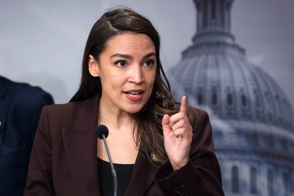 Rep. Alexandria Ocasio Cortez, D-N.Y., speaks during a news conference at the Capitol in Washington, Wednesday, March 25, 2026. (AP Photo/J. Scott Applewhite)