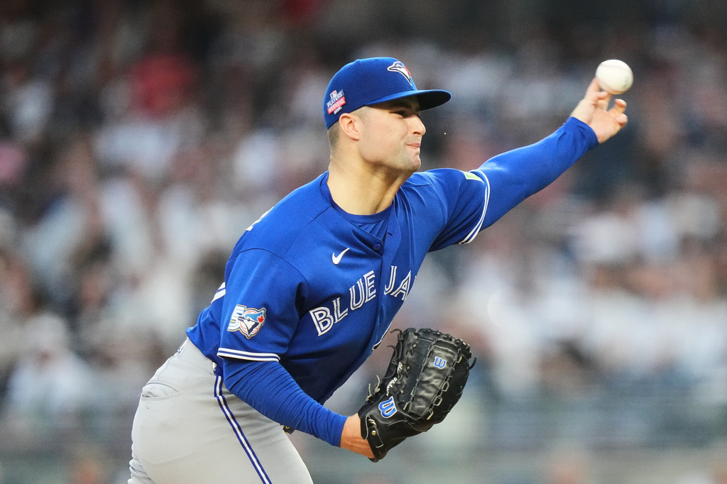 Toronto Blue Jays' Mason Fluharty pitches during the first inning of a baseball game against the New York Yankees Friday, Aug. 21, 2026, in New York. (AP Photo/Frank Franklin II)