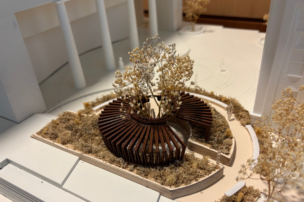 This photo provided by Virginia Commonwealth University shows a model of a memorial and interment site displayed at the VCU Board of Visitors meeting in Richmond, Va., on Thursday, April 23, 2026. (Virginia Commonwealth University via AP)