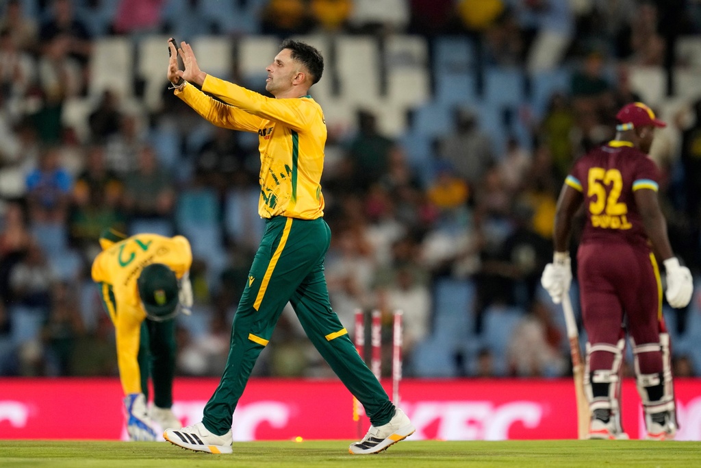 South Africa's bowler Keshav Maharaj celebrates after bowling West Indies batsman Rovman Powell during the T20 International cricket match between South Africa and West Indies, in Centurion, South Africa, Thursday, Jan. 29, 2026. (AP Photo/Themba Hadebe)