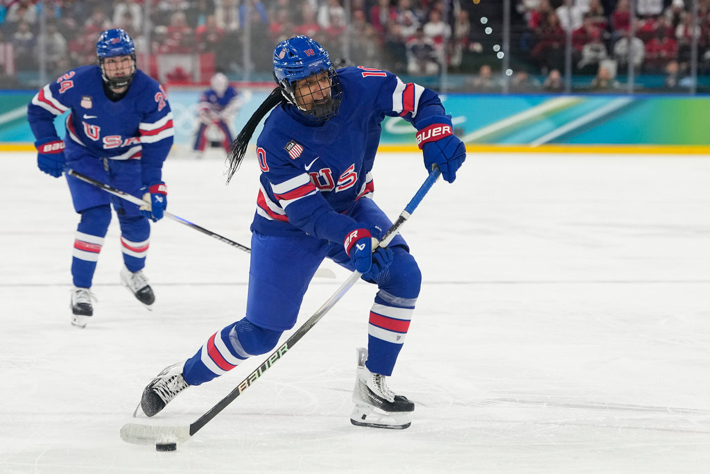 United States' Laila Edwards (10) is in action during a women's ice hockey gold medal game between the United States and Canada at the 2026 Winter Olympics, in Milan, Italy, Thursday, Feb. 19, 2026. (AP Photo/Hassan Ammar)