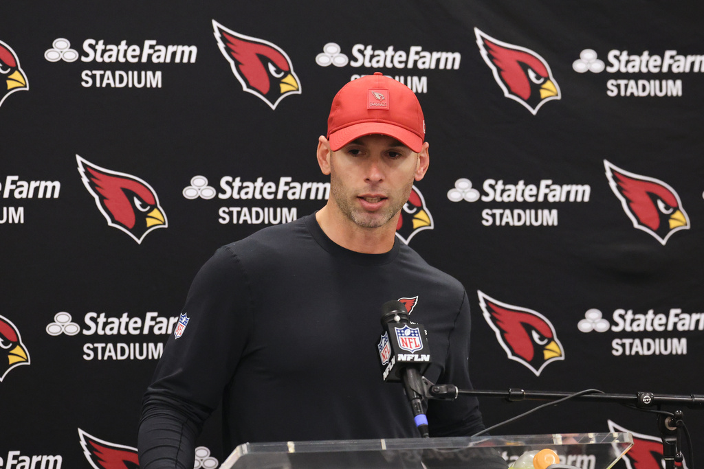Arizona Cardinals head coach Jonathan Gannon speaks to reporters after an NFL football game against the Los Angeles Rams, Sunday, Jan. 4, 2026, in Inglewood, Calif. (AP Photo/Jessie Alcheh)