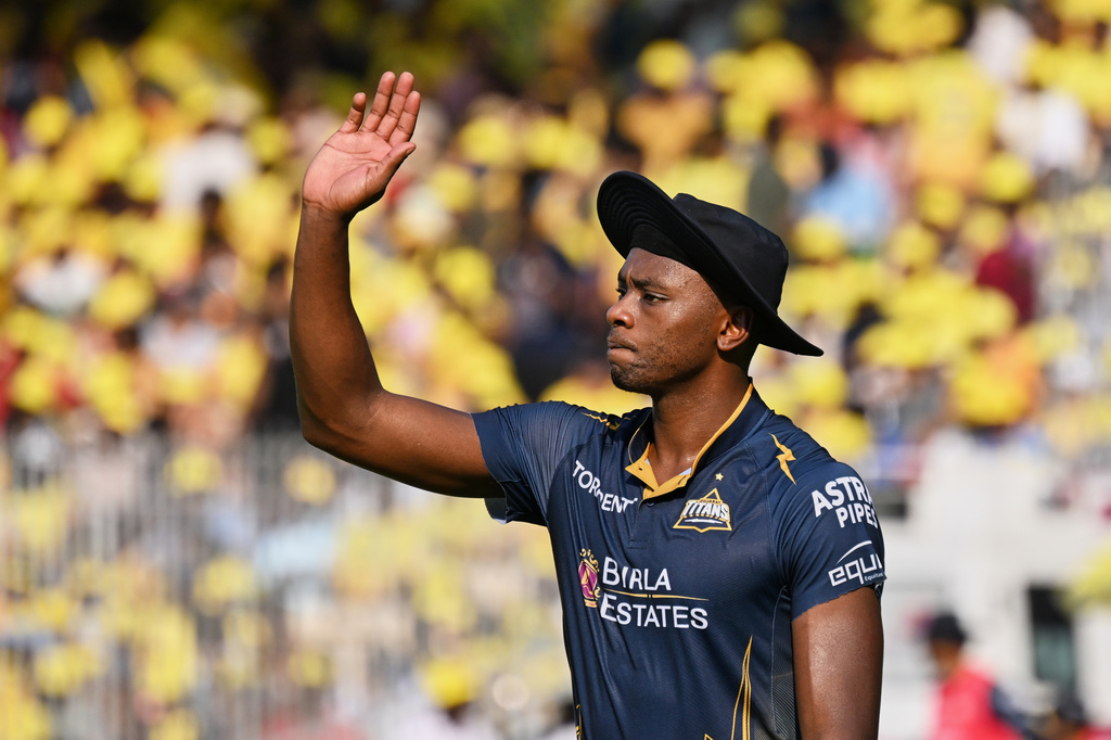 Gujarat Titans' Kagiso Rabada gestures in the field during the Indian Premier League cricket match between Chennai Super Kings and Gujarat Titans in Chennai, India, Sunday, April 26, 2026. (AP Photo)