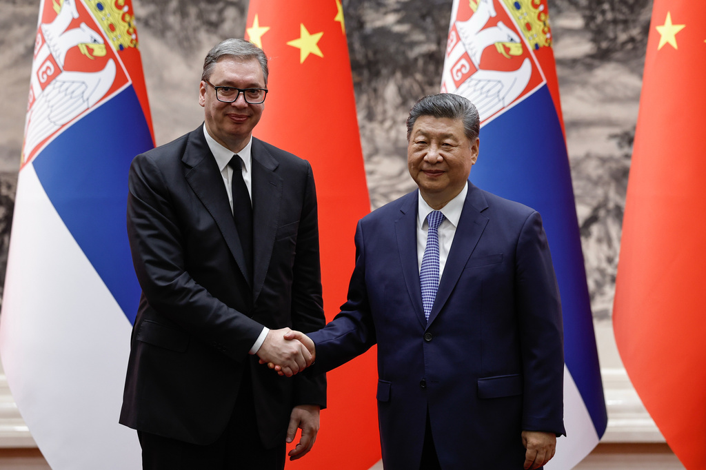 Chinese President Xi Jinping and Serbian President Aleksandar Vucic shake hands after a signing ceremony at the Great Hall of the People, in Beijing, China Monday, May 25, 2026. (Tingshu Wang, Pool Photo via AP)