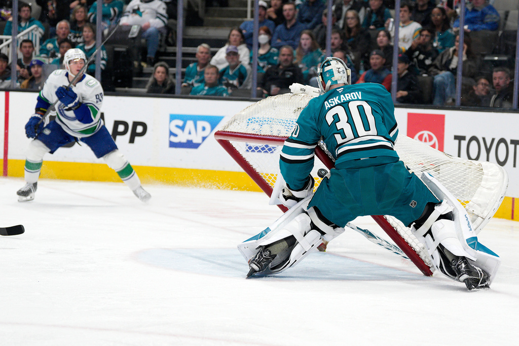 Vancouver Canucks center Marco Rossi, left, scores past San Jose Sharks goaltender Yaroslav Askarov (30) during the second period of an NHL hockey game in San Jose, Calif., Saturday, April 11, 2026. (AP Photo/Tony Avelar)