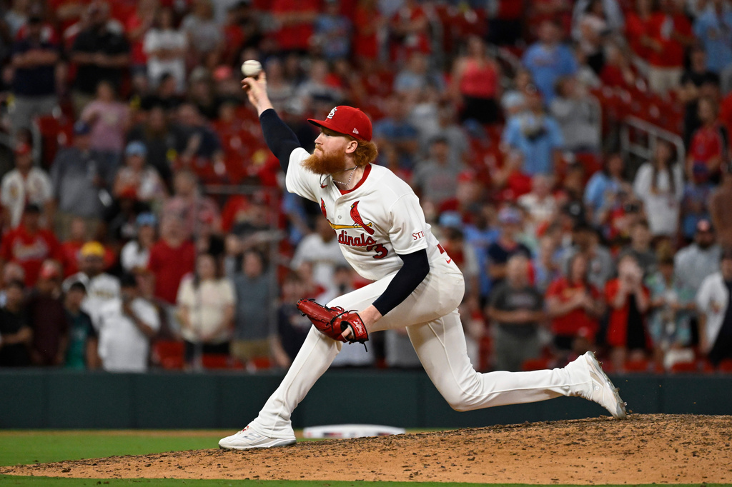 St. Louis Cardinals starting pitcher Dustin May throws in the ninth inning of a baseball game against the San Diego Padres, Monday, June 15, 2026, in St. Louis. (AP Photo/Joe Puetz)