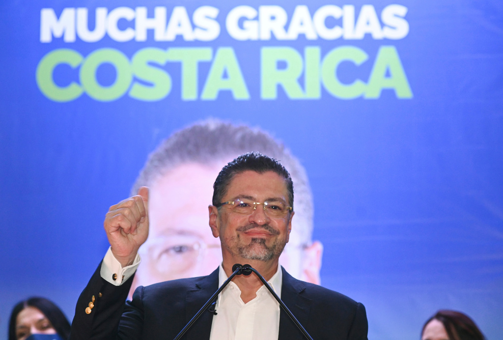 FILE - Costa Rica's former finance minister Rodrigo Chaves speaks to supporters at his headquarters in San Jose, Costa Rica, after winning a presidential runoff election, April 3, 2022. (AP Photo/Carlos Gonzalez, File)
