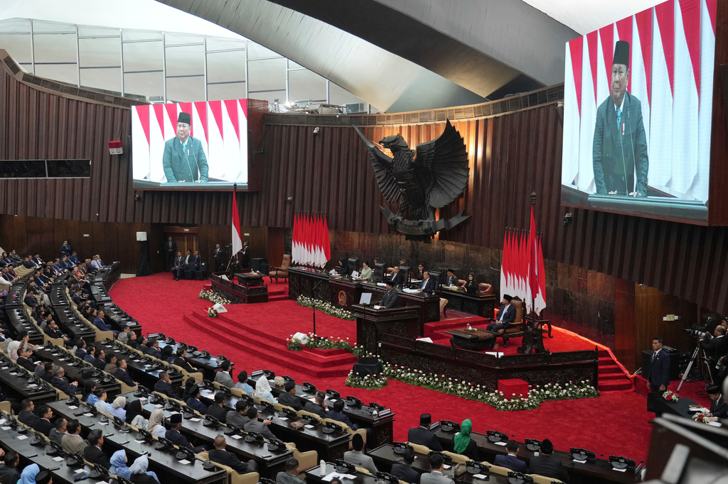Indonesia's President Prabowo Subianto delivers his address during a House of Representatives plenary session in Jakarta, Indonesia, Wednesday, May 20, 2026. (AP Photo/Achmad Ibrahim)