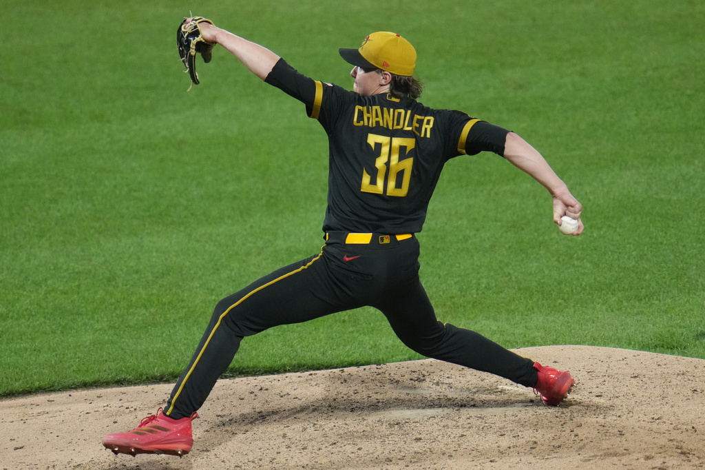 Pittsburgh Pirates pitcher Bubba Chandler delivers during the sixth inning of a baseball game against the Tampa Bay Rays in Pittsburgh, Friday, April 17, 2026. (AP Photo/Gene J. Puskar)