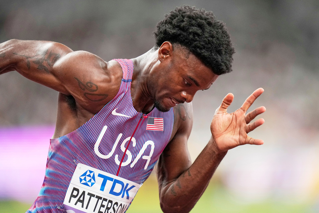 FILE - United States' Jacory Patterson races in the men's 400 meters semifinal at the World Athletics Championships in Tokyo, Sept. 16, 2025. (AP Photo/Eugene Hoshiko, File)