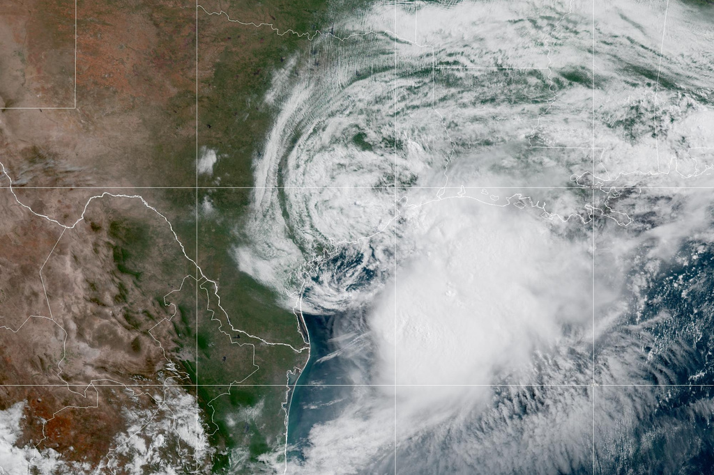 This GOES-19 GeoColor satellite image provided by NOAA shows Tropical Storm Arthur along the Gulf coast of Texas, on Wednesday, June 17, 2026. (NOAA via AP) CORRECTION: Name corrected to Arthur, instead of Arther
