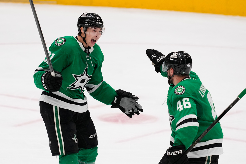 Dallas Stars left wing Jason Robertson (21) and Ilya Lyubushkin (46) celebrate after Robertson scored in the third period of an NHL hockey game against the Minnesota Wild Thursday, April 9, 2026, in Arlington, Texas. (AP Photo/Tony Gutierrez)