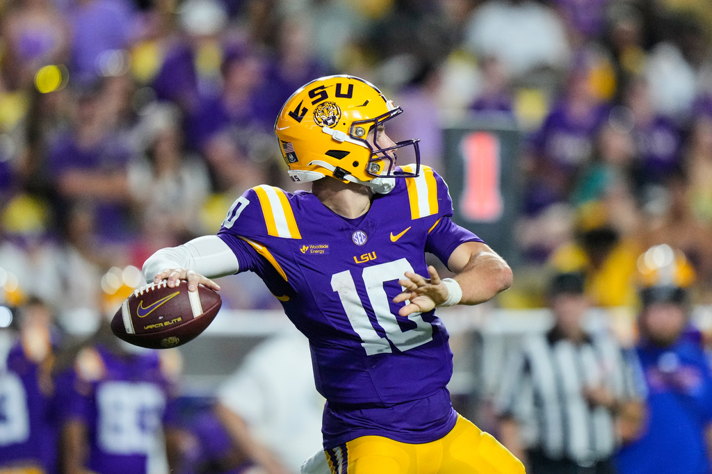 LSU quarterback Sam Leavitt (10) passes against Louisiana Tech in the second half of an NCAA college football game, Saturday, Sept. 12, 2026 in Baton Rouge, La. (AP Photo/Gerald Herbert)