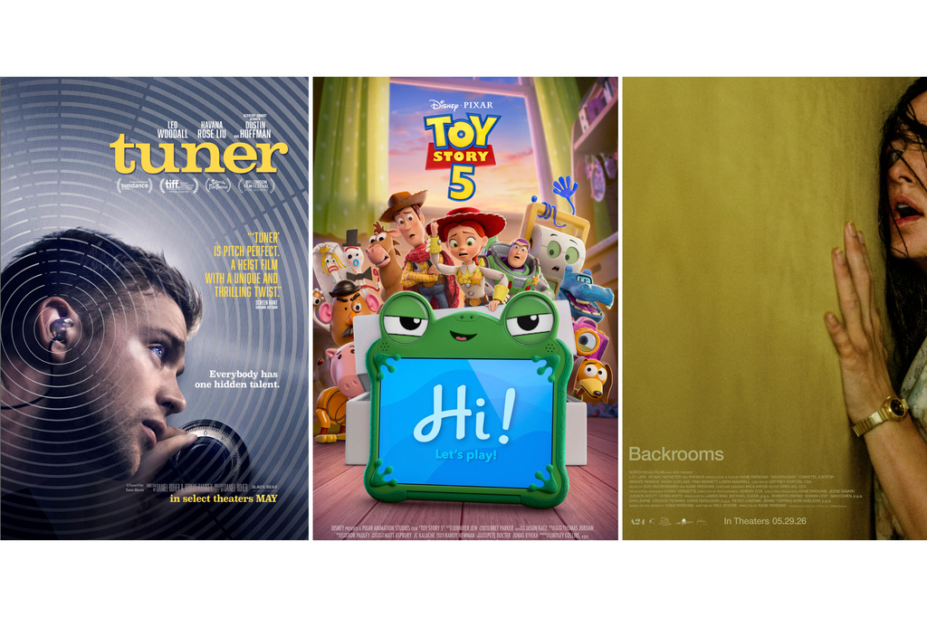 This combination of images show promotional art for the films, "Tuner," from left, "Toy Story 5," and "Backrooms." (Black Bear/Disney/A24 via AP)