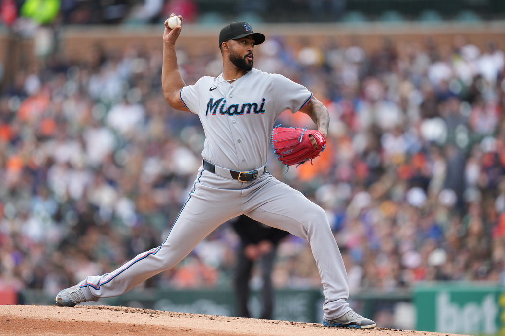 Miami Marlins pitcher Sandy Alcantara throws against the Detroit Tigers during the first inning of a baseball game Sunday, April 12, 2026, in Detroit. (AP Photo/Paul Sancya)