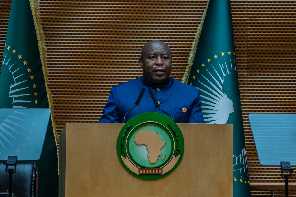 Burundi's President Evariste Ndayishimiye delivers a speech during the annual African Union Summit at the Addis International Convention Center in Addis Ababa, Ethiopia, Saturday, Feb. 14, 2026. (AP Photo/Amanuel Sileshi)