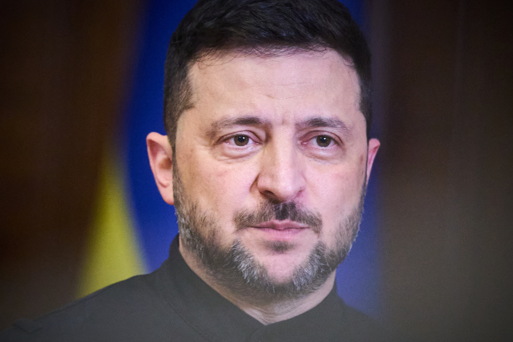 Ukrainian President Volodymyr Zelenskyy talks during his press conference in Kyiv, Ukraine, Friday, Oct. 10, 2025. (AP Photo/Efrem Lukatsky)