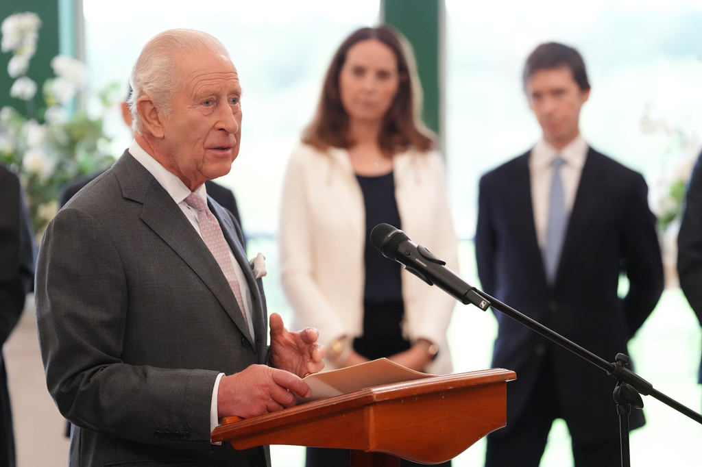 Britain's King Charles III gives a speech during a meeting for leaders from the artificial intelligence (AI) sector, Government, and thought leaders to discuss how AI can be developed and deployed in ways that benefit society, at Dumfries House in Cumnock, Scotland, Thursday Sept. 17, 2026. (Jonathan Brady/PA via AP, Pool)