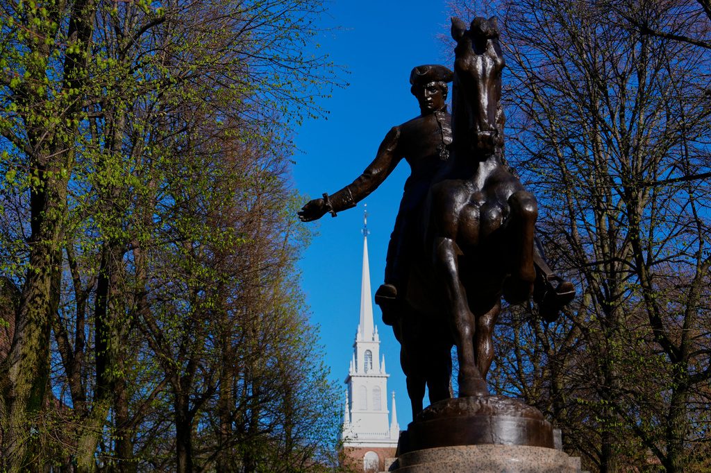 FILE - A statue of American patriot Paul Revere, famous for his 1775 ride to alert colonists of approaching British troops, stands near the Old North Church, Monday, April 20, 2026, in Boston. (AP Photo/Robert F. Bukaty, File)