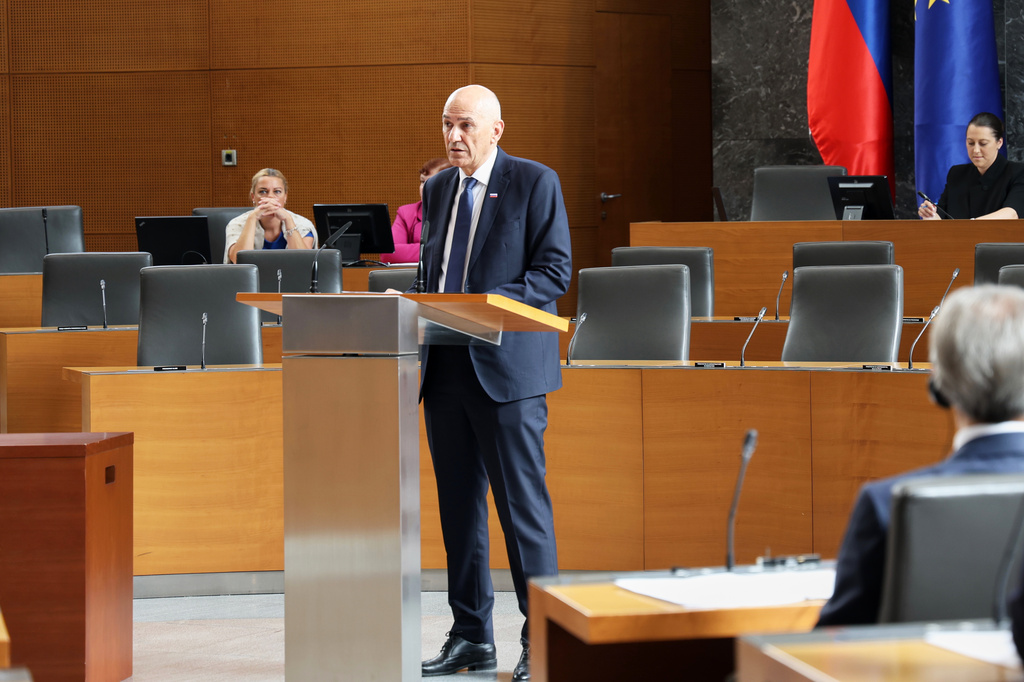 Prime Minister Janes Jansa speaks before the Parliament during a session in Ljubljana, Slovenia, Thursday, June 4, 2026, (AP Photo/Relja Dusek)