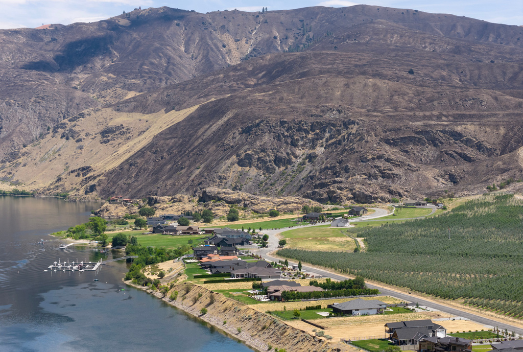 Charred earth from the Chelan Hills fire is seen beyond homes and buildings on Tuesday, July 7, 2026, in Chelan, Wash. (Nick Wagner/The Seattle Times via AP)