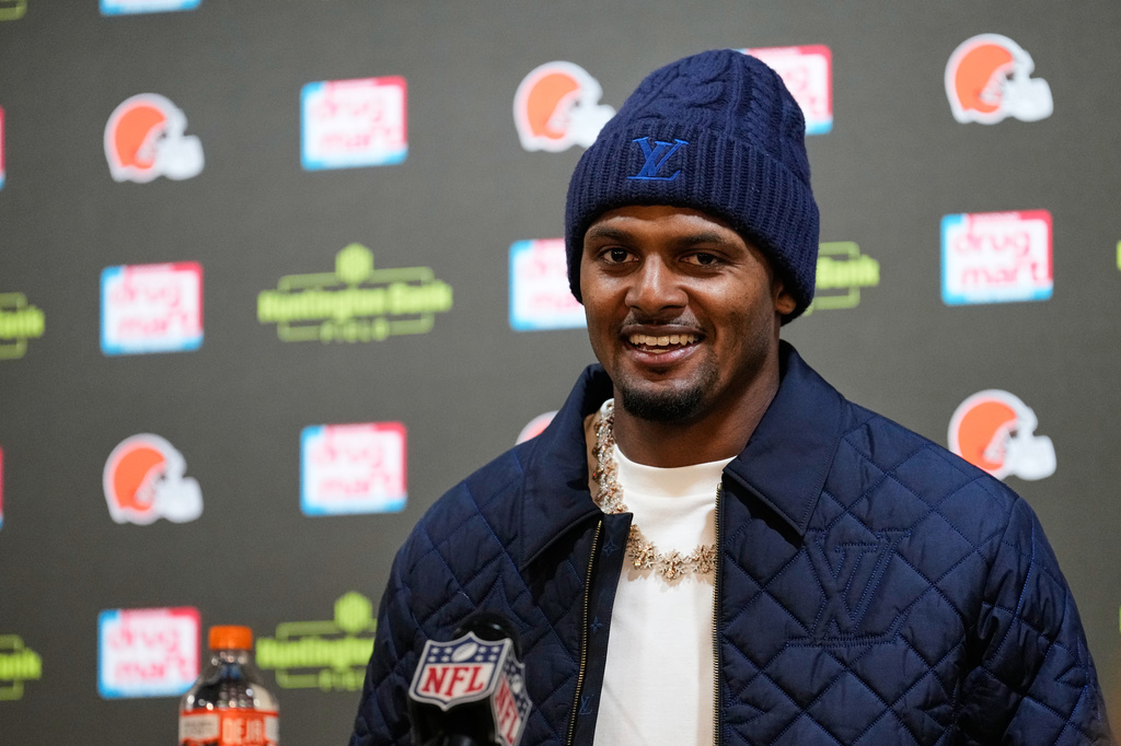 Cleveland Browns quarterback Deshaun Watson speaks during a press conference after an NFL football game against the Baltimore Ravens in Cleveland, Sunday, Oct. 18, 2026. (AP Photo/Sue Ogrocki)