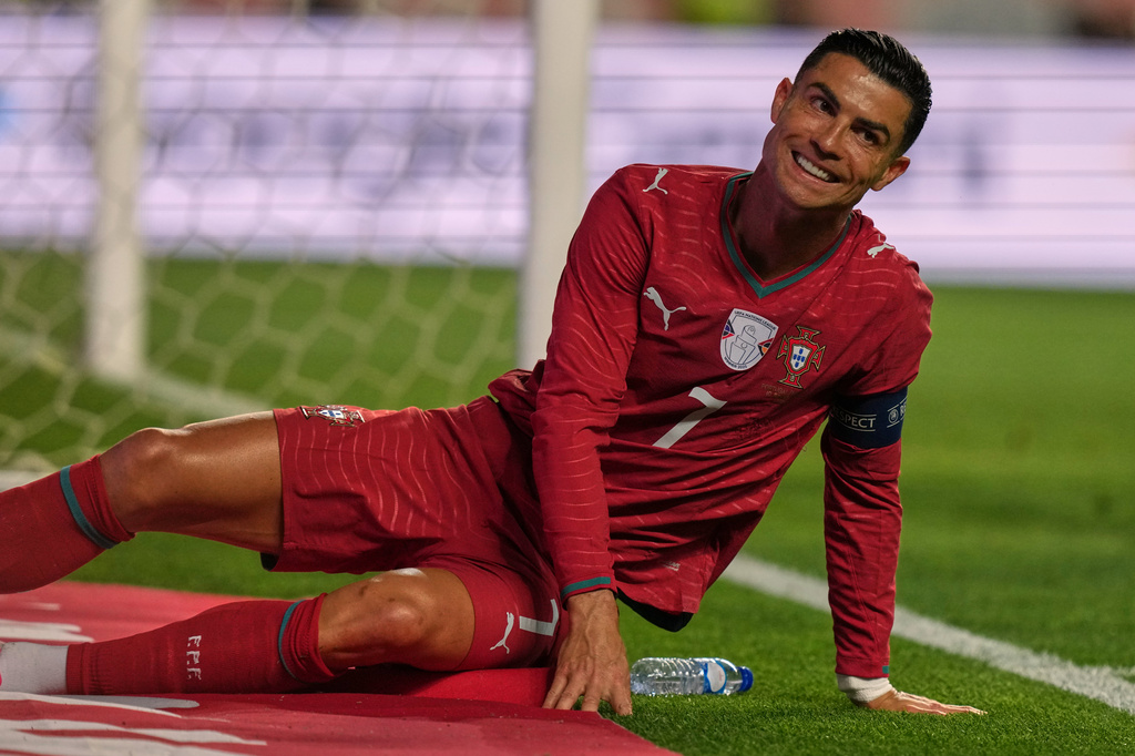 Portugal's Cristiano Ronaldo reacts during an international friendly soccer match between Portugal and Nigeria in Leiria, Portugal, Wednesday, June 10, 2026. (AP Photo/Armando Franca)