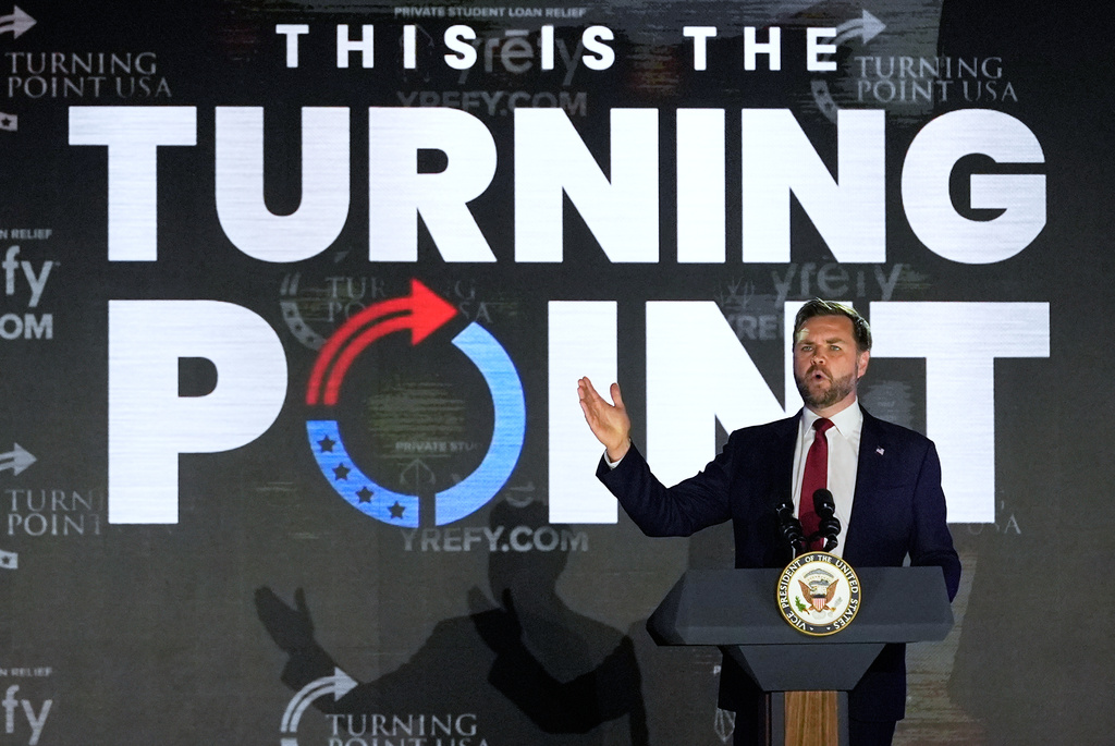 Vice President JD Vance speaks during a "This Is the Turning Point" campus tour event at the University of Mississippi, in Oxford, Miss., Wednesday, Oct. 29, 2025. (AP Photo/Gerald Herbert)