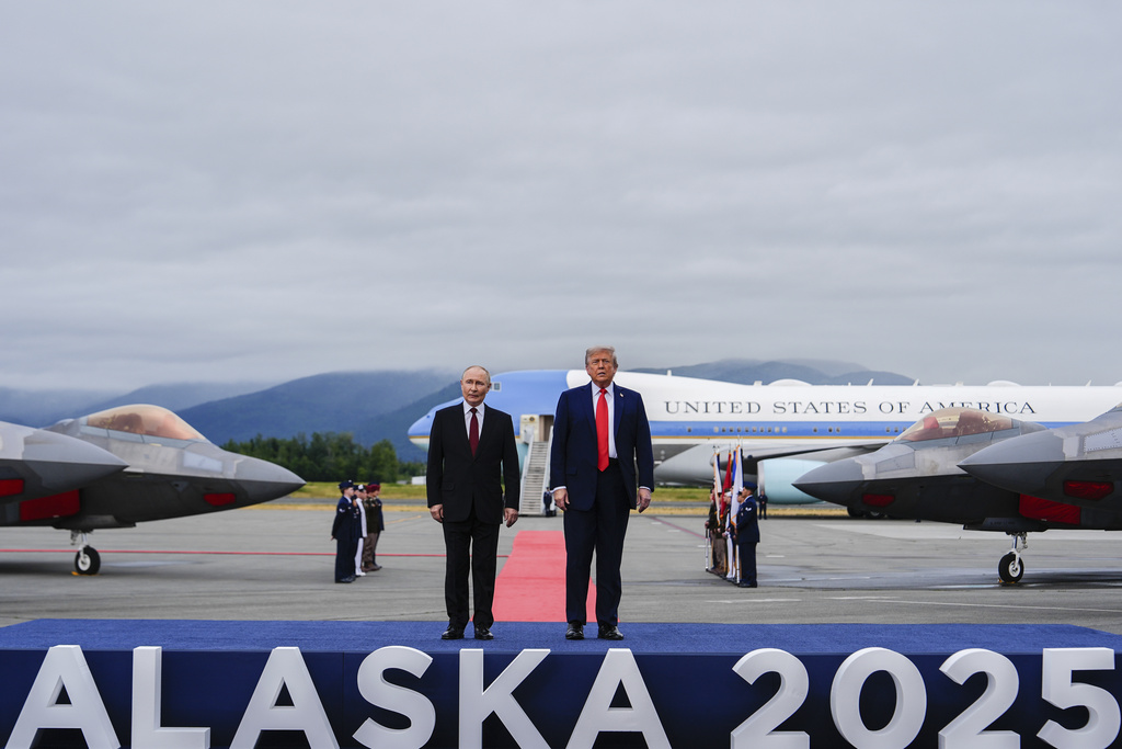 President Donald Trump and Russia's President Vladimir Putin talk, Friday, Aug. 15, 2025, at Joint Base Elmendorf-Richardson, Alaska. (AP Photo/Julia Demaree Nikhinson)