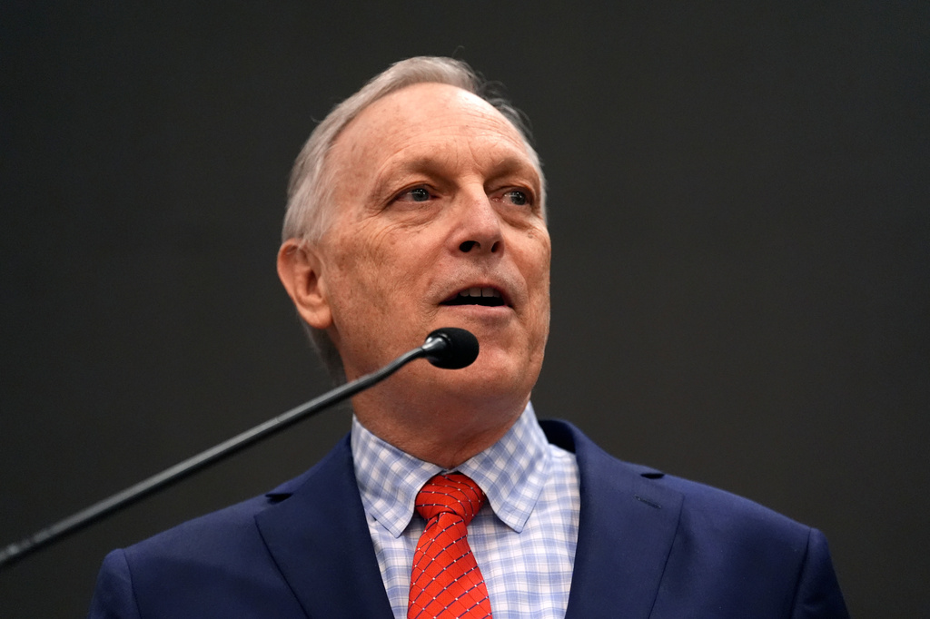 Rep. Andy Biggs, R-Ariz., who is running in the primary for Arizona governor, speaks at a campaign event, Friday, July 17, 2026, in Gilbert, Ariz. (AP Photo/Ross D. Franklin)