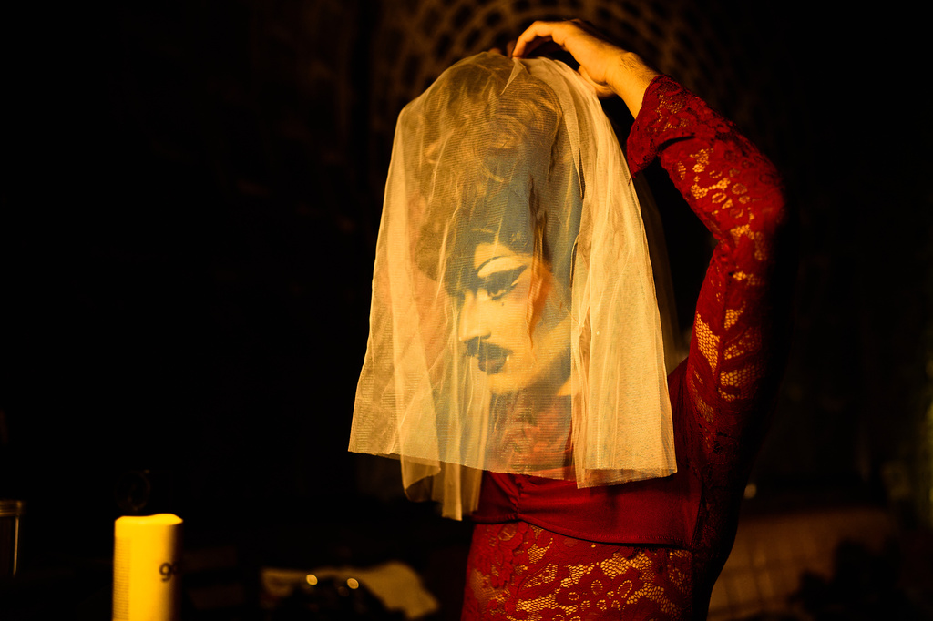Kekik a member of the Berlin-based LGBTQ collective Queens Against Borders, prepares backstage before an open-air show in Berlin, Germany, Friday, July 17, 2026. (AP Photo/Ebrahim Noroozi)