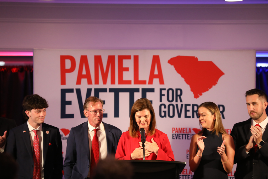Republican South Carolina Lt. Gov. Pam Evette concedes the GOP gubernatorial runoff to Alan Wilson, in Myrtle Beach, S.C., Tuesday, June 23, 2026. (AP Photo/Jeffrey Collins)